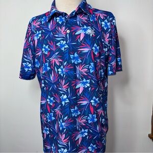 Scales Polo Shirt Mens M Blue Pink Floral Performance Stretch Golf Activewear